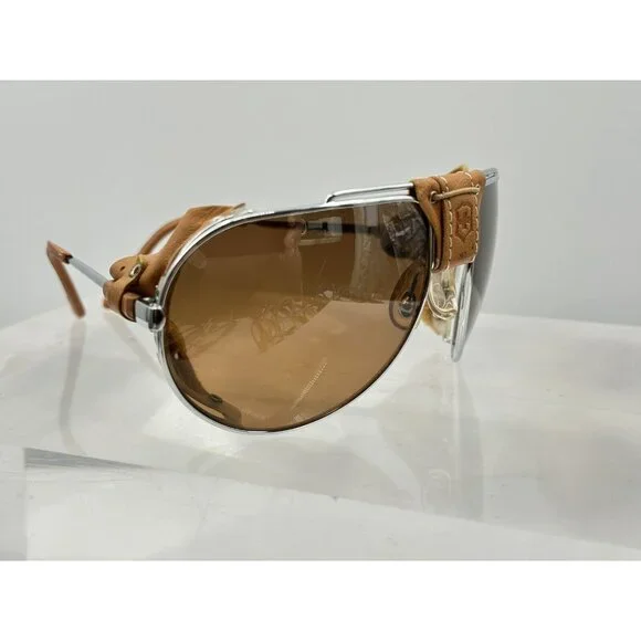 Swiss Army 4000 Brown Leather Silver Frame Mountaineering Sunglasses w Case K